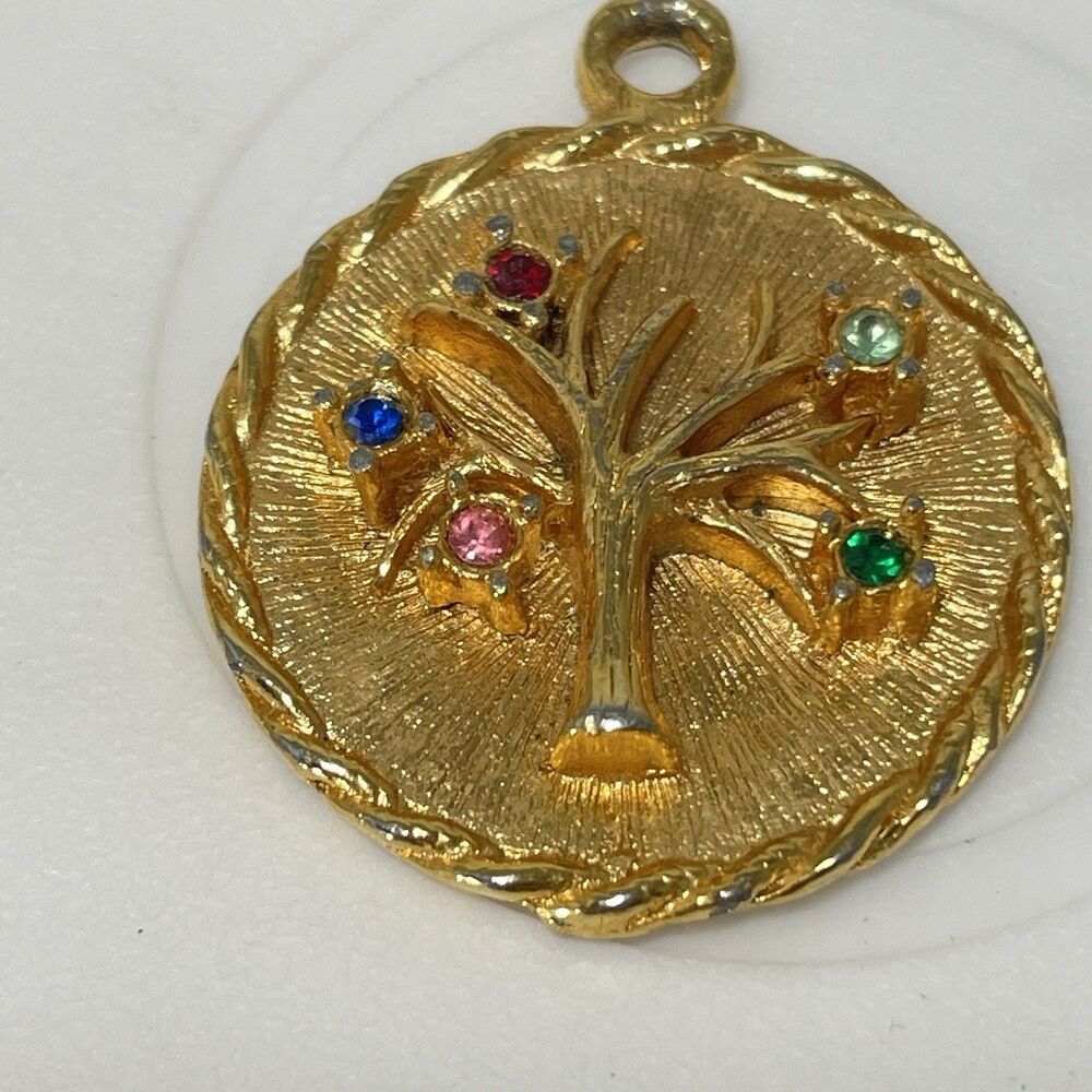 Vintage Gold Tone Tree of Life Round Pendant Charm With Multicolor Rhinestones - Picture 3 of 4